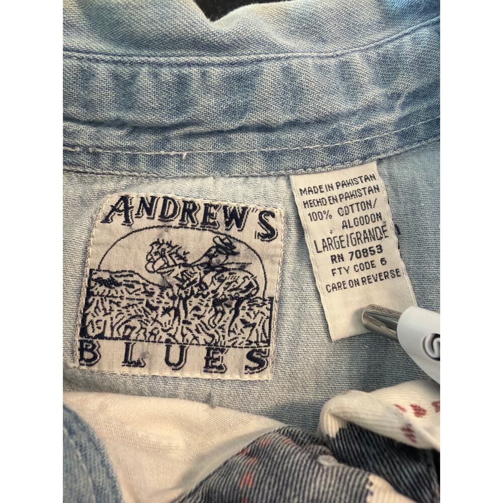 Andrews Blues Denim Patchwork Henley Shirt Cotton Blue Large - Picture 3 of 12